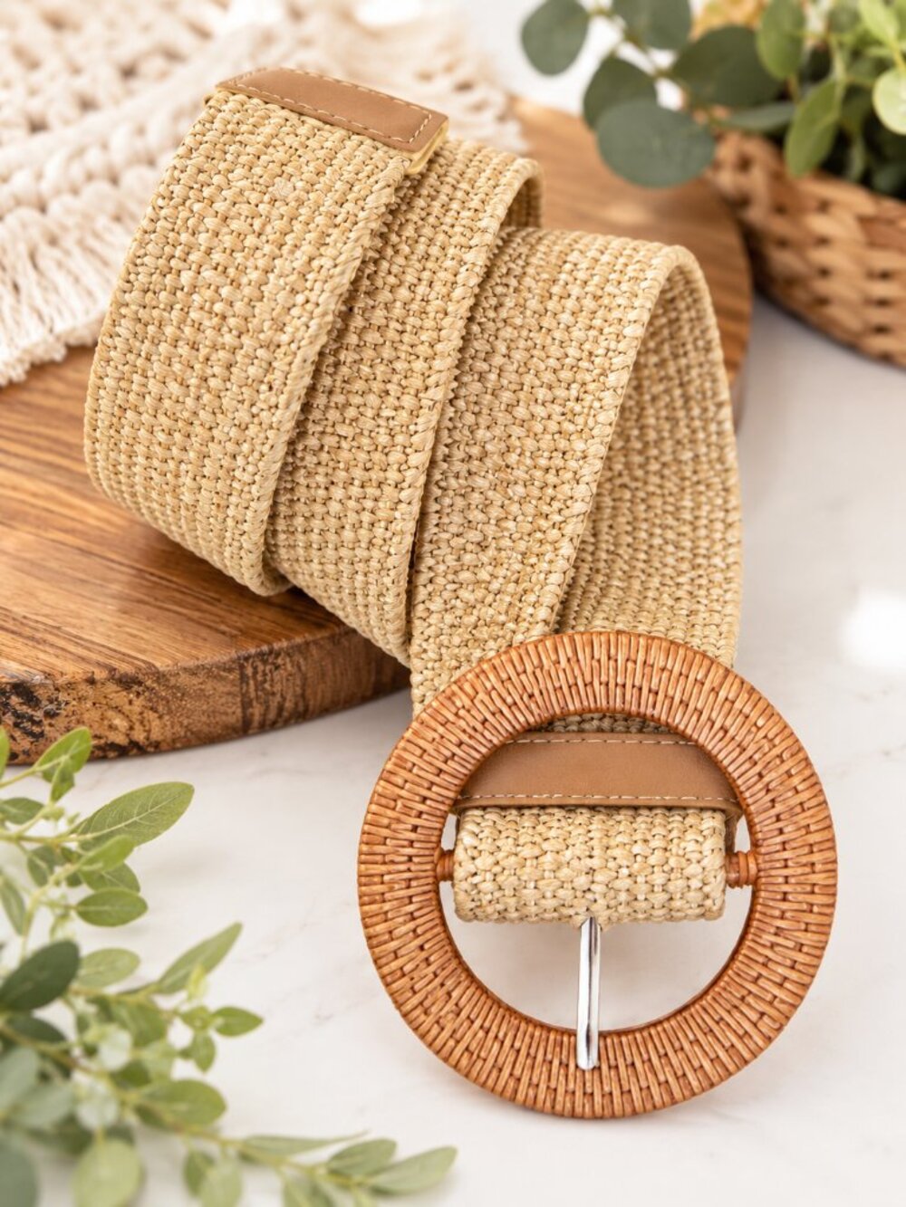 Woven Tan Stretch Belt | Circular Buckle | NWT | 45" stretch to 55" Boho